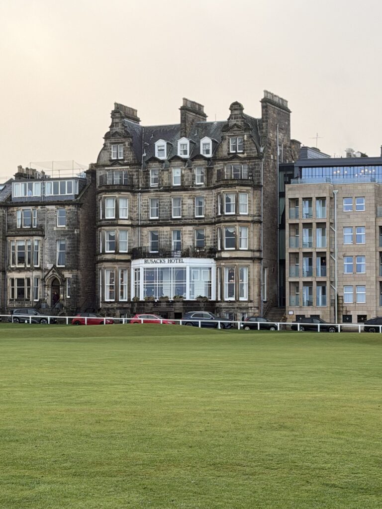View of the luxurious Marine & Lawn Rusacks hotel in St Andrews from the Old Course