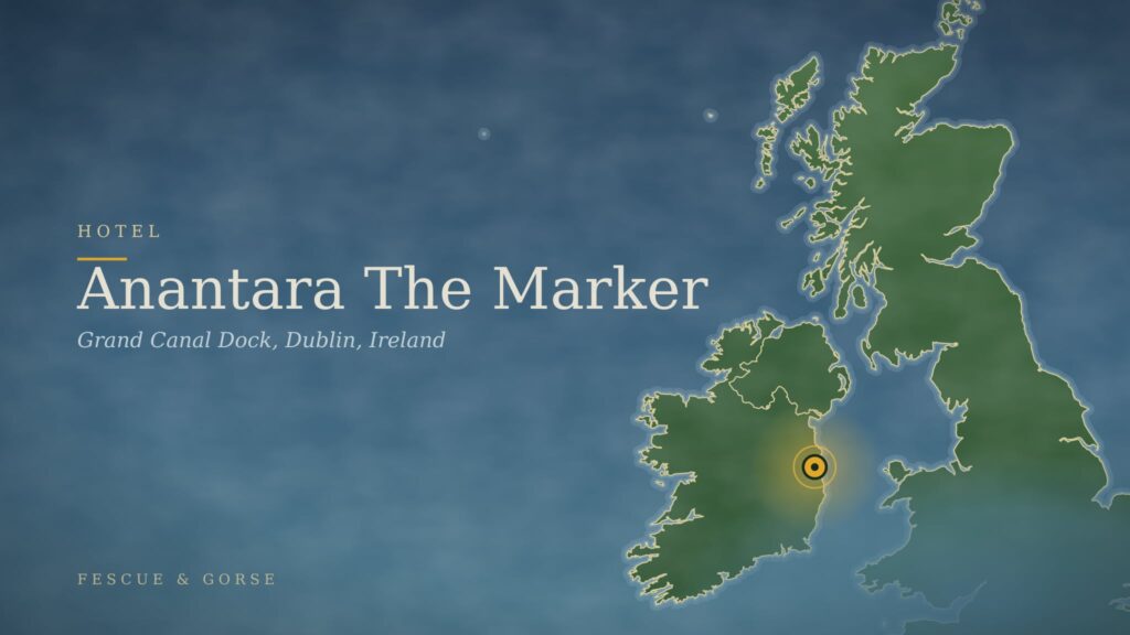 Map of Ireland and Scotland with a marker at Anantara The Marker hotel in Dublin