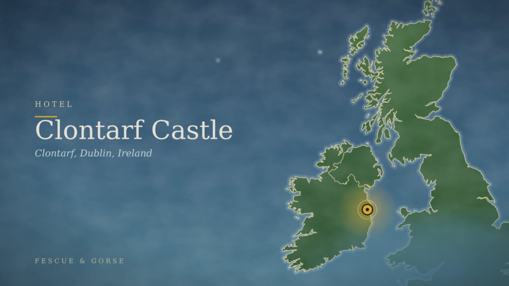 Map of Ireland and Scotland with a marker at Clontarf Castle hotel in Dublin