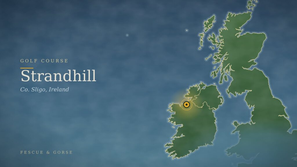 Map of Ireland and Scotland with a marker at Strandhill golf course in Co. Sligo