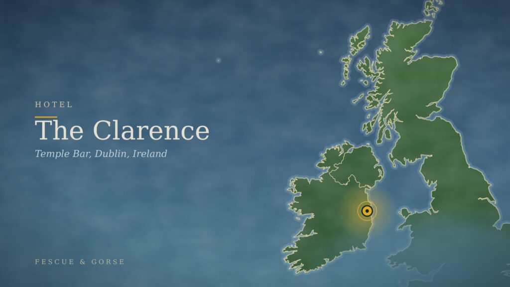 Map of Ireland and Scotland with a marker at The Clarence hotel in Dublin
