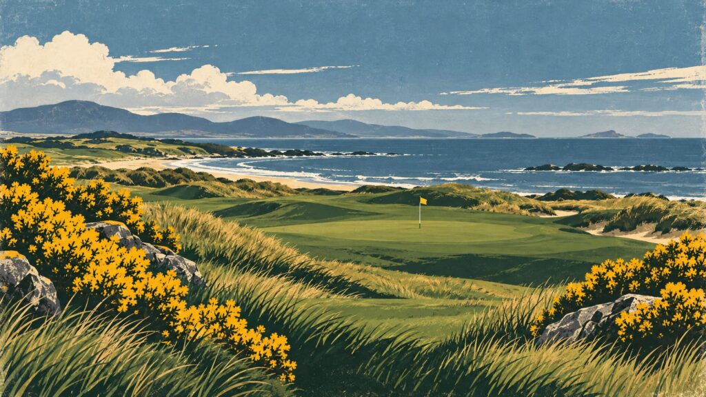 Illustration of a links golf hole with gorse in the foreground and the sea in the distance