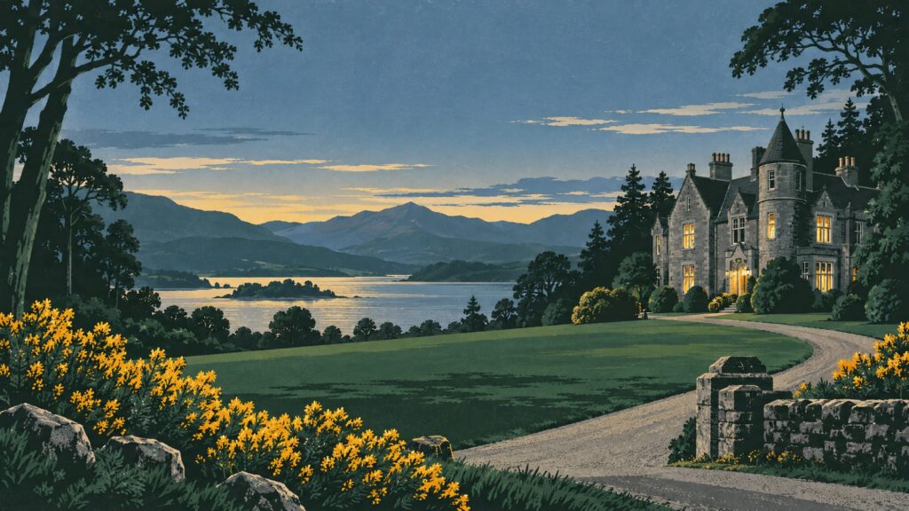 Illustration of a country house hotel at dusk beside a loch, with gorse in the foreground